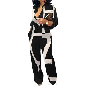 Women Black and White Casual Button Down V Neck Jumpsuits Long Pants With Pocket